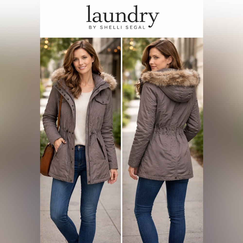 Laundry By Shelli Segal Taupe Utility Jacket with Faux Fur Hood